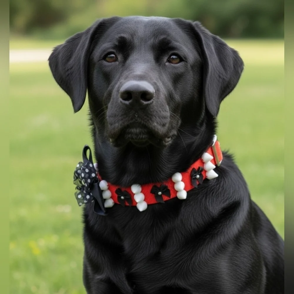 Dog Collar Black Red White Bow Pearls and Spikes